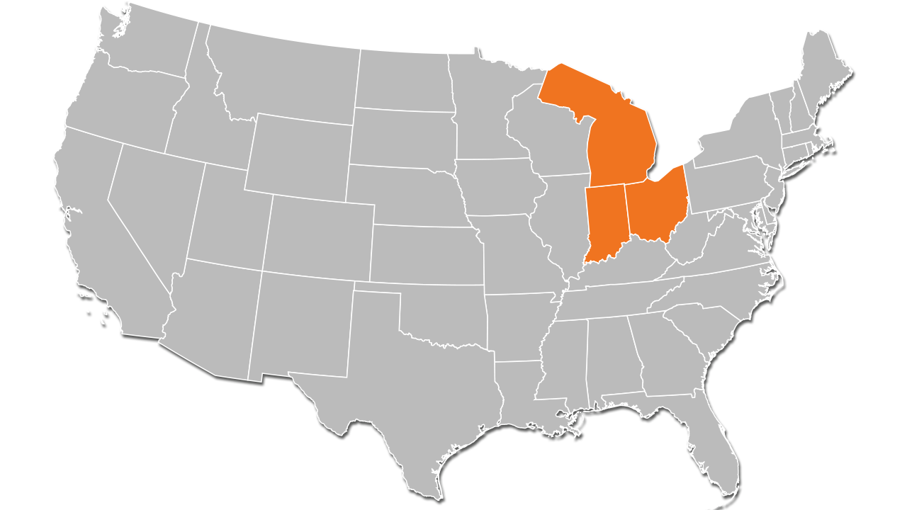 a map showing Ohio, Indiana and Michigan
